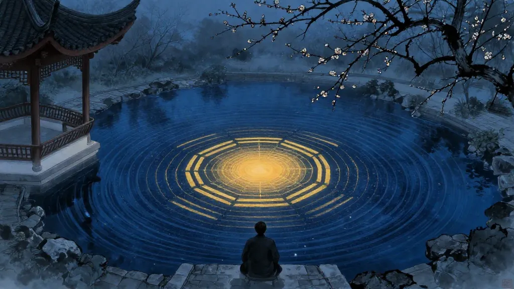 Scholar in a garden pavilion before a vast circular hexagram diagram glowing in gold and indigo — Chinese ink painting